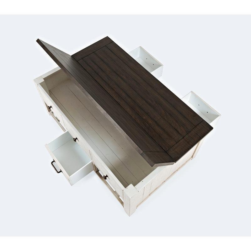 Westhoff Masif Ahşap Kalkmalı Orta Sehpa 142x48x48 cm, Beyaz-Koyu Kahverengi, 3 Çekmeceli, Tekerlekli - 104074