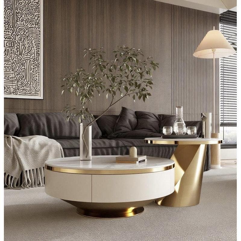 Yanmış Taş Yüzeyli Yuvarlak İç İçe Geçmeli Lüks Orta Sehpa 90 cm - 104533