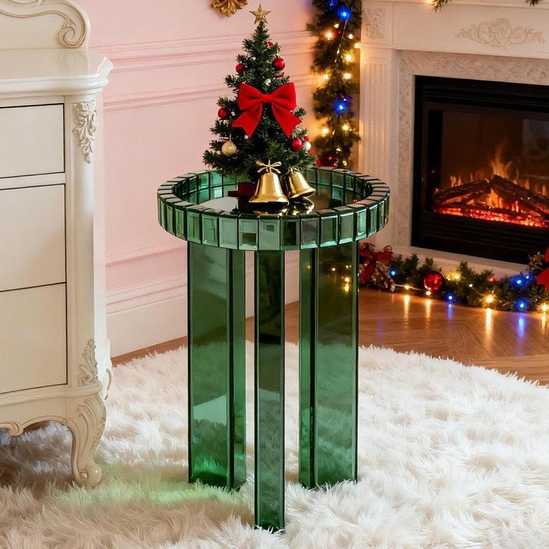 Yeşil Aynalı Cam Yuvarlak Zigon Sehpa Tepsi Tablalı 59 cm - 108688