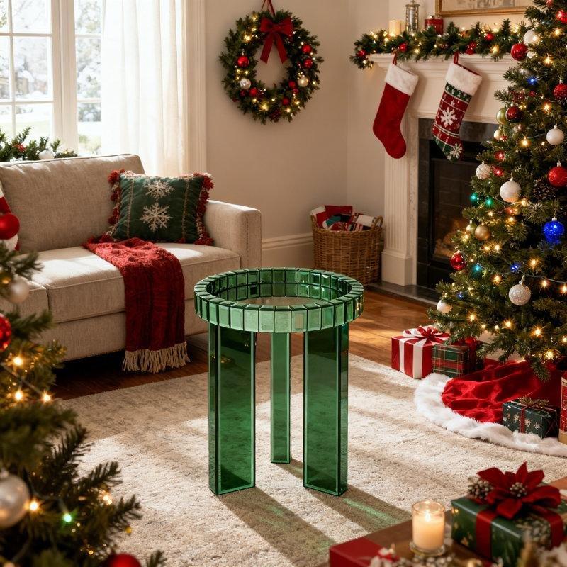 Yeşil Aynalı Cam Yuvarlak Zigon Sehpa Tepsi Tablalı 59 cm - 108688