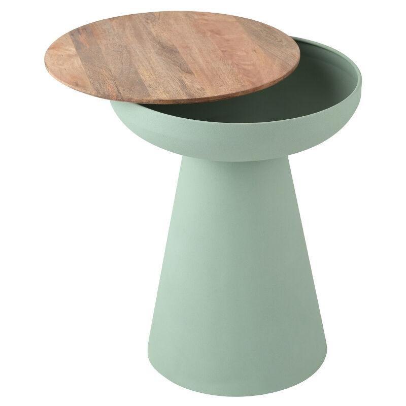 Yeşil Metal Masif Mango Ahşap Kapaklı Saklama Alanlı Ahşap Yan Sehpa-41x41x52 cm - 110480