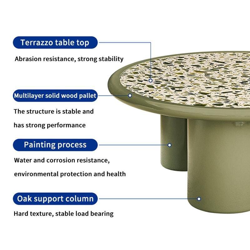 Yeşil Terrazzo Orta Sehpa 70 cm Yuvarlak Meşe Ayaklı - 105628