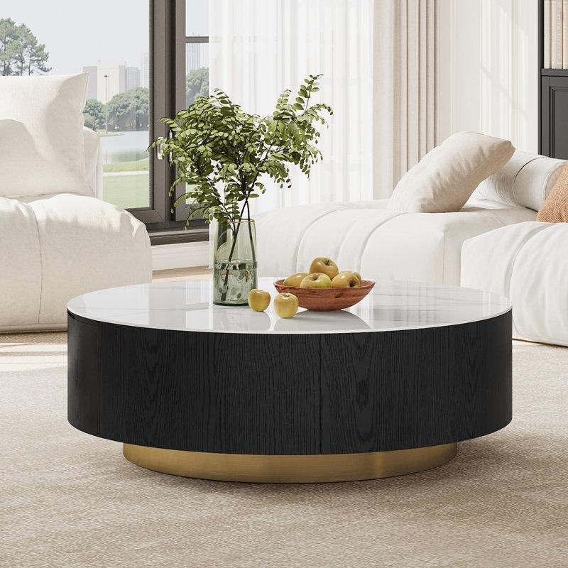 Yuvarlak Açılır Akıllı Sehpa, Endüstriyel Ahşap ve Mermer Görünümlü 90x90 cm - 101049