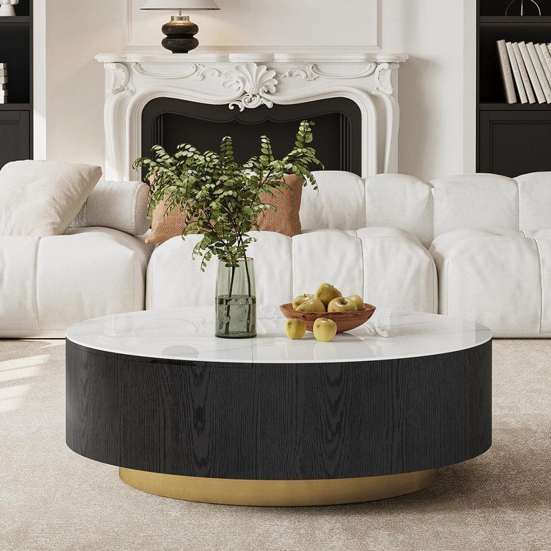 Yuvarlak Açılır Akıllı Sehpa, Endüstriyel Ahşap ve Mermer Görünümlü 90x90 cm - 101049