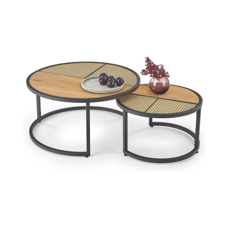 Yuvarlak Ahşap Metal Zigon Sehpa 70x50 cm Açık Meşe Hasır Desenli İkili Set - 106465