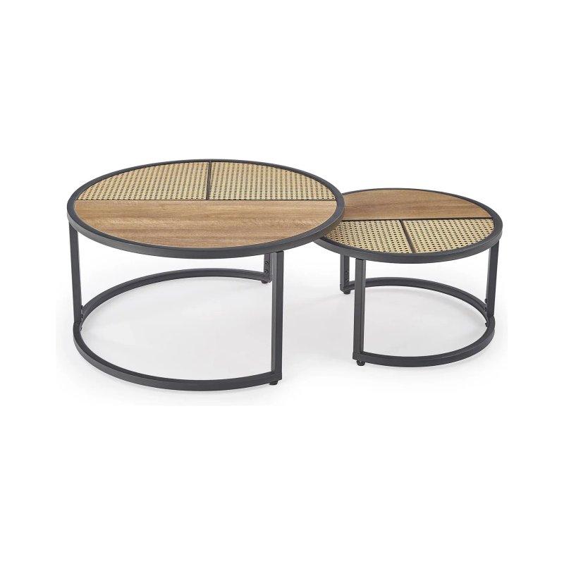 Yuvarlak Ahşap Metal Zigon Sehpa 70x50 cm Açık Meşe Hasır Desenli İkili Set - 106465