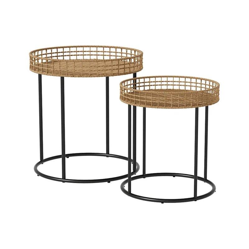 Yuvarlak Ahşap Zigon Sehpa Seti 44x44x48 cm Siyah Metal Ayaklı 2'li - 106102