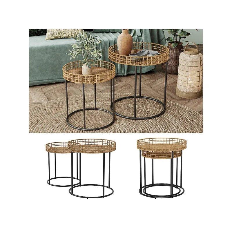 Yuvarlak Ahşap Zigon Sehpa Seti 44x44x48 cm Siyah Metal Ayaklı 2'li - 106102