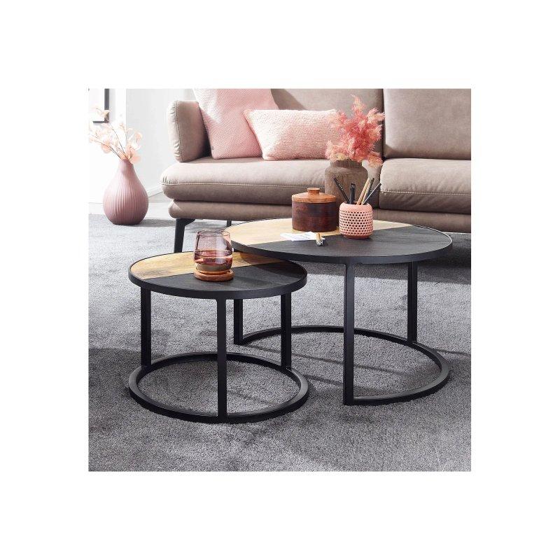 Yuvarlak Ahşap Zigon Sehpa Takımı 60 cm Kahverengi Siyah Metal Ayaklı 2'li - 106432