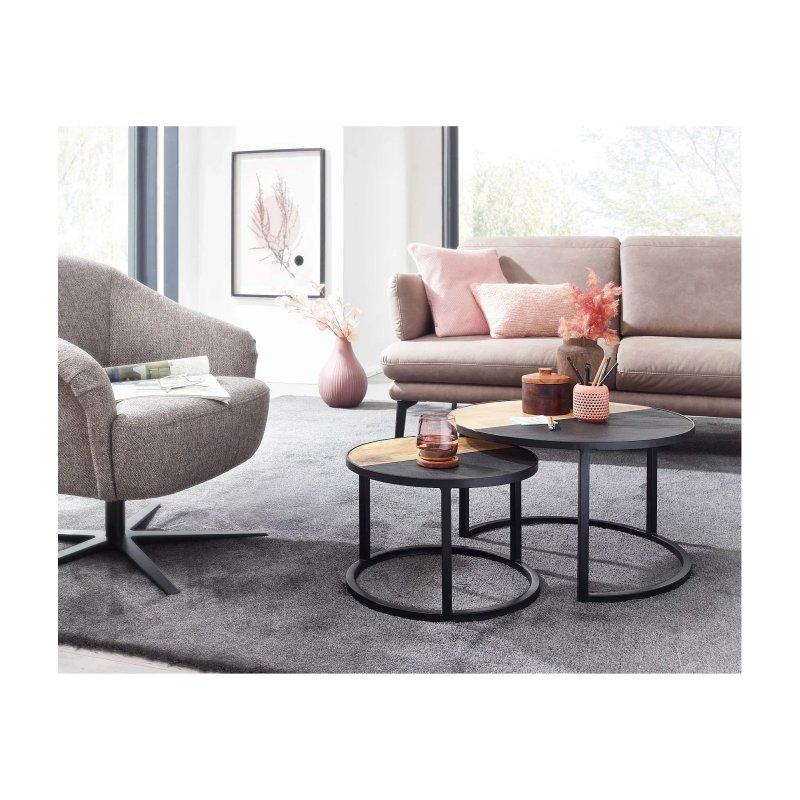 Yuvarlak Ahşap Zigon Sehpa Takımı 60 cm Kahverengi Siyah Metal Ayaklı 2'li - 106432