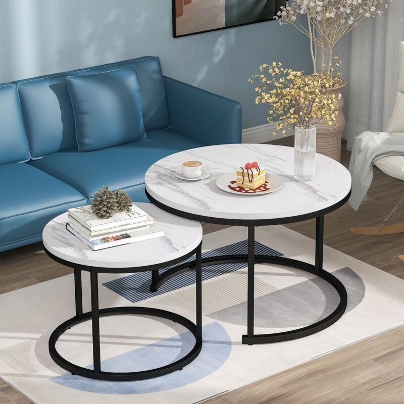 Yuvarlak Beyaz Mermer Desenli 71 cm Metal Ayaklı İkili Zigon Sehpa - 107420