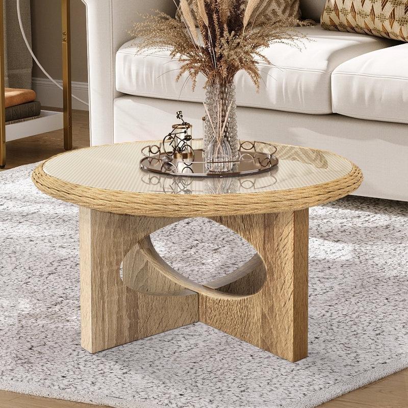 Yuvarlak Cam Üstü Hasır Bohem Orta Sehpa Natural 88x88x15 cm - 105193