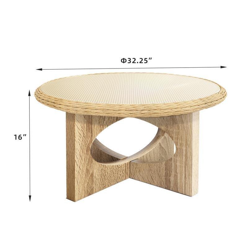 Yuvarlak Cam Üstü Hasır Bohem Orta Sehpa Natural 88x88x15 cm - 105193