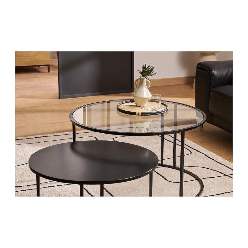 Yuvarlak Cam ve Metal Orta Sehpa 80 cm - Siyah Metal Ayaklı İç İçe Geçmeli 2'li Set - 102042