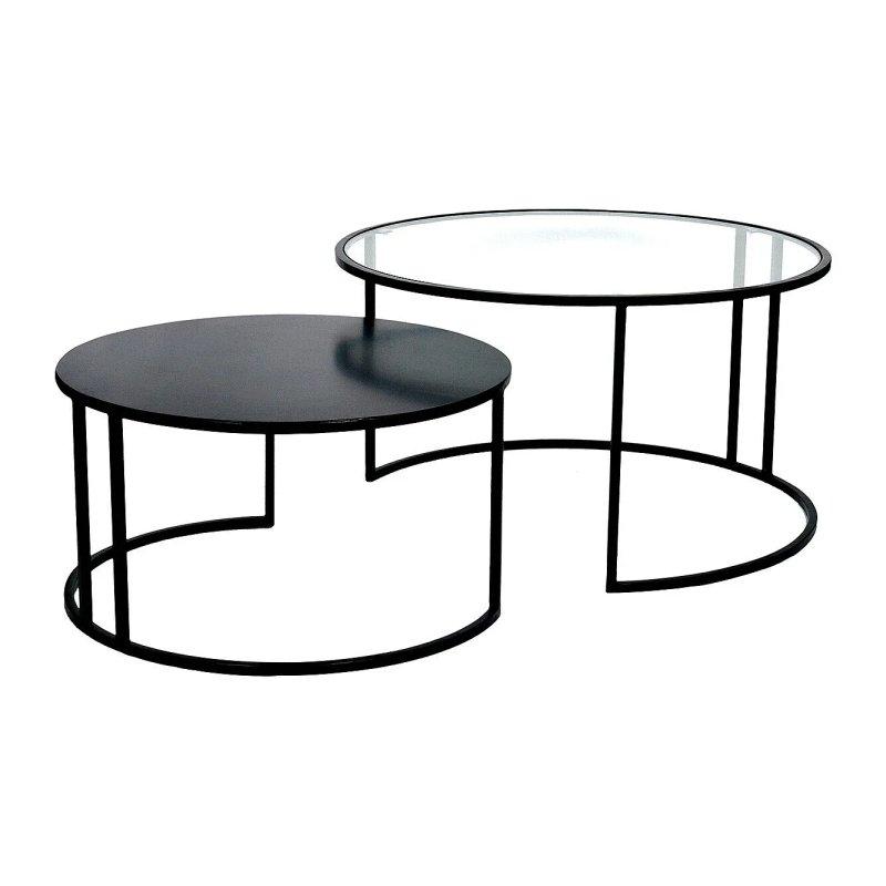 Yuvarlak Cam ve Metal Orta Sehpa 80 cm - Siyah Metal Ayaklı İç İçe Geçmeli 2'li Set - 102042