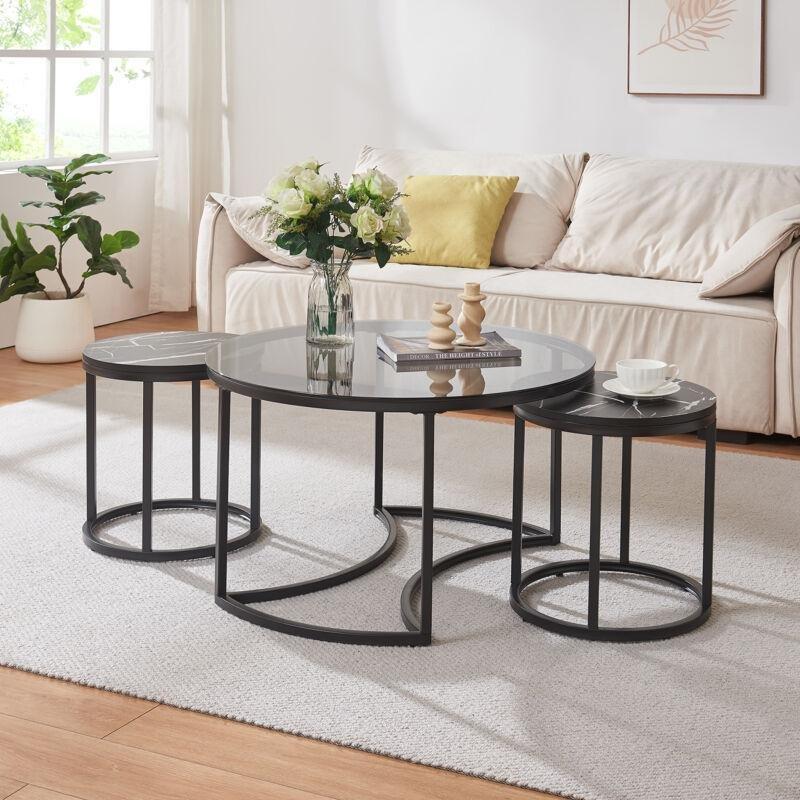 Yuvarlak Cam Zigon Sehpa 3'lü Set 80 cm Füme Cam Siyah Metal - 107569