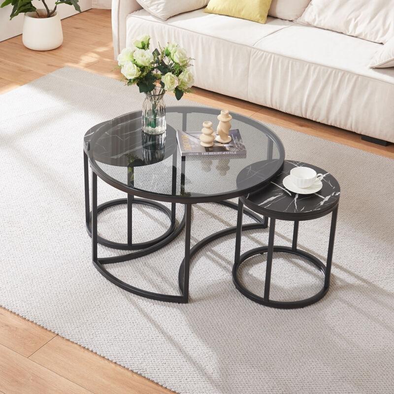 Yuvarlak Cam Zigon Sehpa 3'lü Set 80 cm Füme Cam Siyah Metal - 107569
