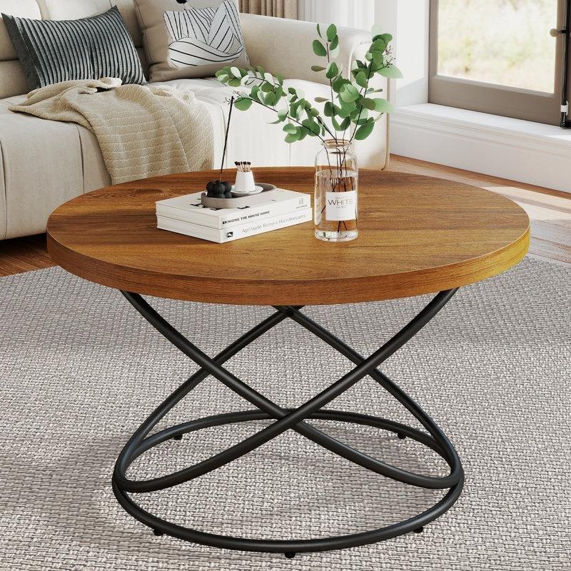 Yuvarlak Endüstriyel Ahşap Orta Sehpa 80 cm Çapraz Metal Ayaklı - 105109