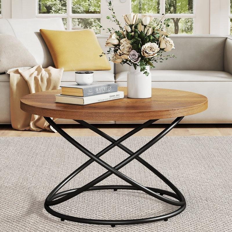 Yuvarlak Endüstriyel Ahşap Orta Sehpa 80 cm Çapraz Metal Ayaklı - 105109