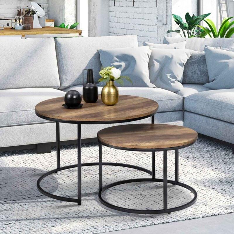 Yuvarlak Endüstriyel Tasarım İç İçe Orta Sehpa 2 Parça Koyu Ahşap Metal 54-70 cm - 103581