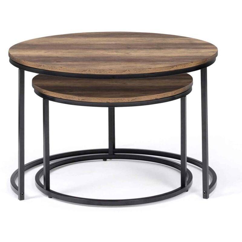 Yuvarlak Endüstriyel Tasarım İç İçe Orta Sehpa 2 Parça Koyu Ahşap Metal 54-70 cm - 103581
