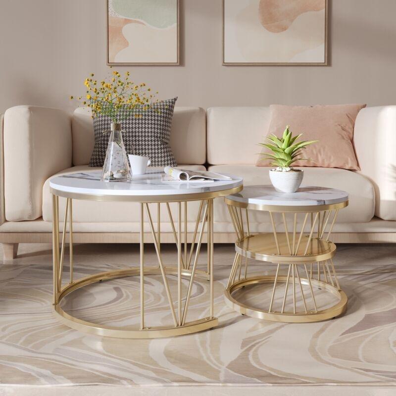 Yuvarlak Gold Zigon Sehpa 70x70x45 cm Mermer Desenli 2'li Set - 107641