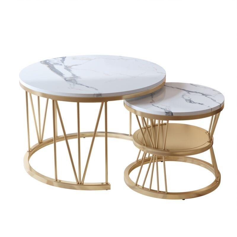 Yuvarlak Gold Zigon Sehpa 70x70x45 cm Mermer Desenli 2'li Set - 107641