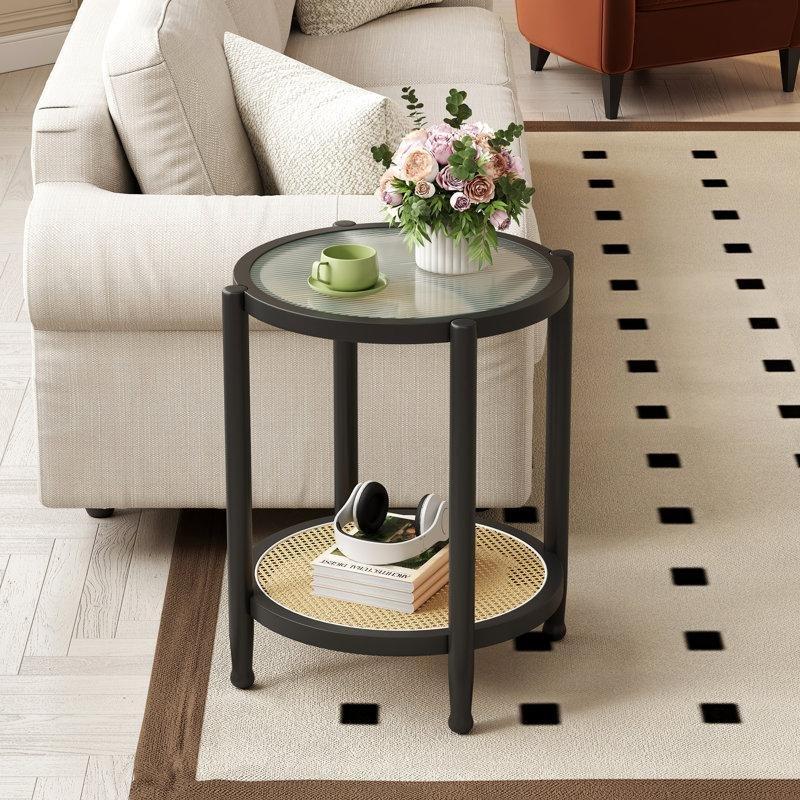 Yuvarlak Hasır Orta Sehpa, Camlı, 80x80 cm, Doğal Ahşap - 105406