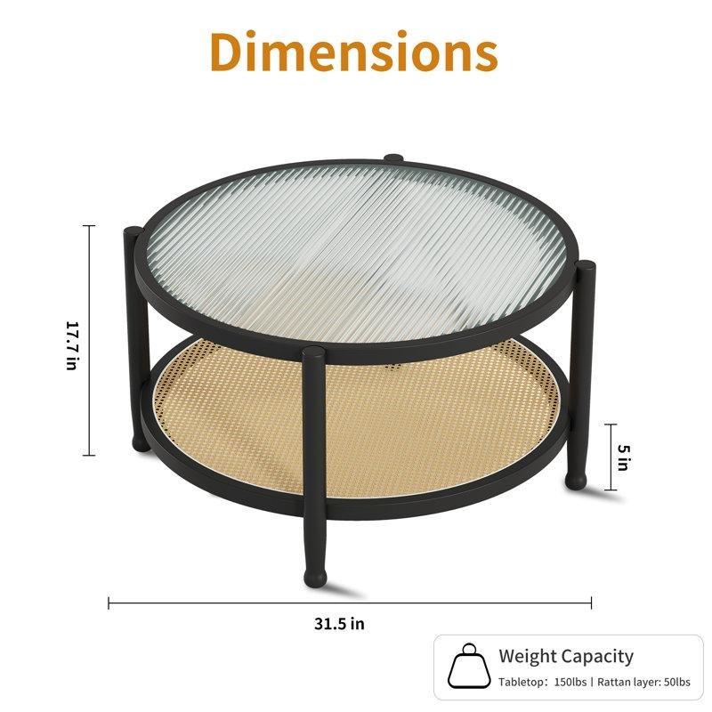 Yuvarlak Hasır Orta Sehpa, Camlı, 80x80 cm, Doğal Ahşap - 105406