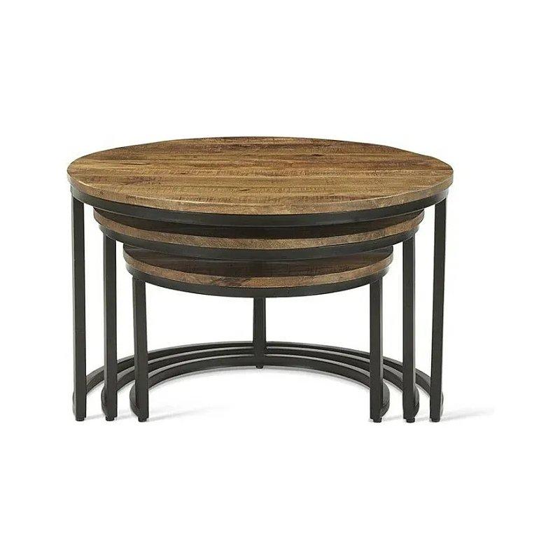 Yuvarlak Kahverengi Ahşap 3'lü Metal Zigon Sehpa 70 cm - 106078