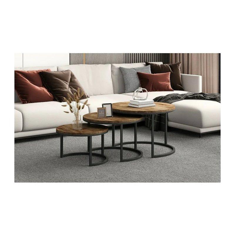 Yuvarlak Kahverengi Ahşap 3'lü Metal Zigon Sehpa 70 cm - 106078