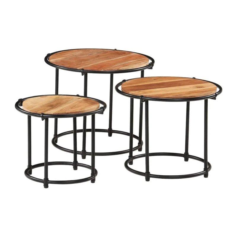 Yuvarlak Masif Akasya Zigon Sehpa 55 cm Siyah Metal Ayaklı 3'lü Set - 106126