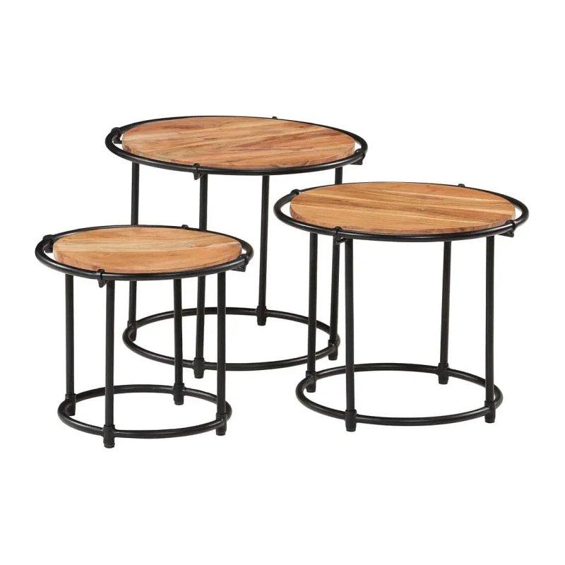 Yuvarlak Masif Akasya Zigon Sehpa 55 cm Siyah Metal Ayaklı 3'lü Set - 106126