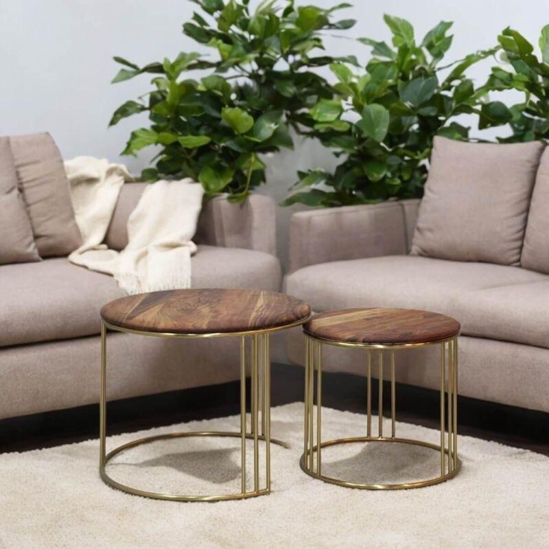Yuvarlak Masif Akasya Zigon Sehpa Gold Ayaklı 60 cm - 106892