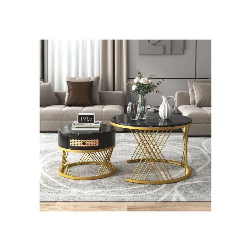 Yuvarlak Mermer Desenli Çekmeceli İkili Zigon Sehpa Gold Siyah 70 cm - 106705