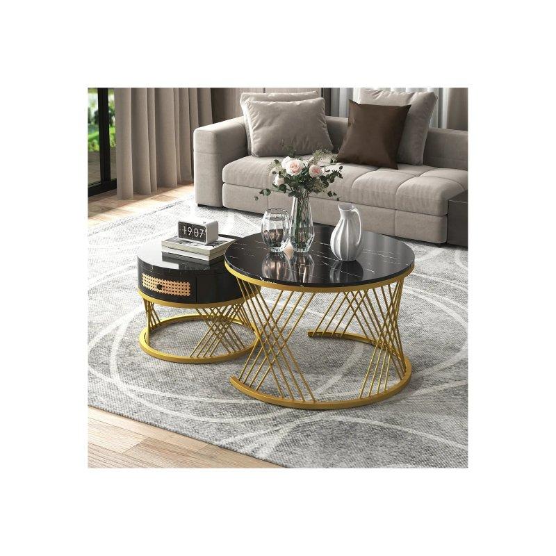 Yuvarlak Mermer Desenli Çekmeceli İkili Zigon Sehpa Gold Siyah 70 cm - 106705