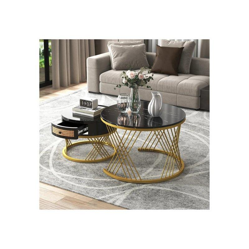 Yuvarlak Mermer Desenli Çekmeceli İkili Zigon Sehpa Gold Siyah 70 cm - 106705