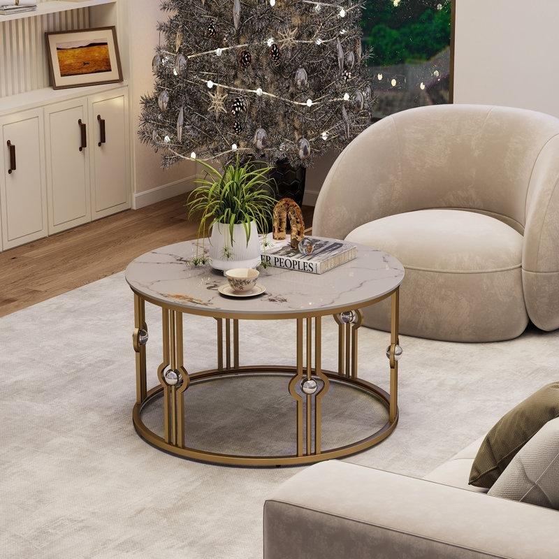 Yuvarlak Mermer Desenli Gold Ayaklı Orta Sehpa 80x80 cm - 105052