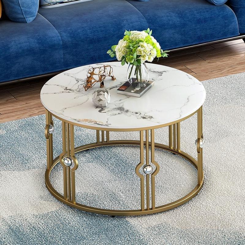 Yuvarlak Mermer Desenli Gold Ayaklı Orta Sehpa 80x80 cm - 105052