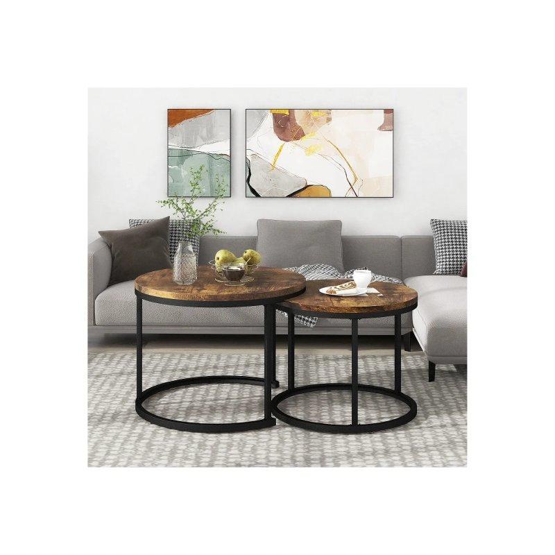 Yuvarlak Mermer Desenli İkili Zigon Sehpa 71x50 cm Kahverengi - 106729