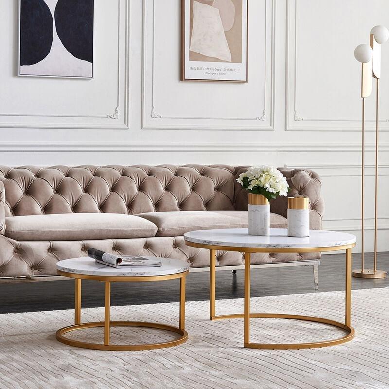 Yuvarlak Mermerli Ahşap Orta Sehpa Seti Gold Ayaklı 80x80 cm - 103211