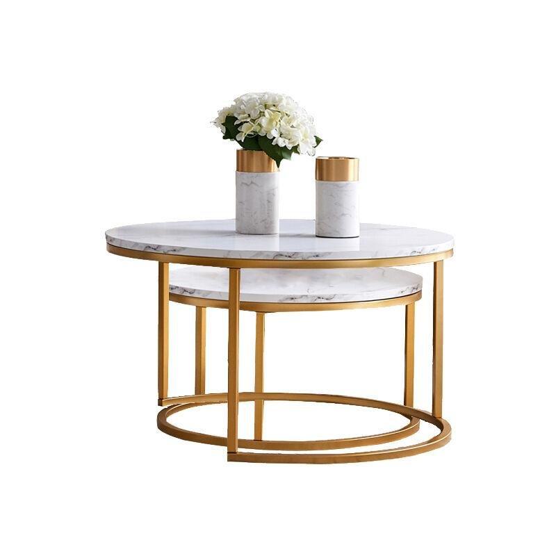 Yuvarlak Mermerli Ahşap Orta Sehpa Seti Gold Ayaklı 80x80 cm - 103211