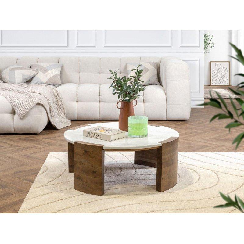 Yuvarlak Mermerli Endüstriyel Ahşap Ayaklı Orta Sehpa 85 cm - 103784