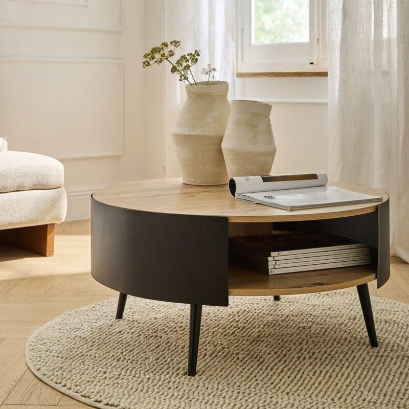 Yuvarlak Orta Sehpa Doğal Ahşap-Siyah Metal 80 cm - 103030