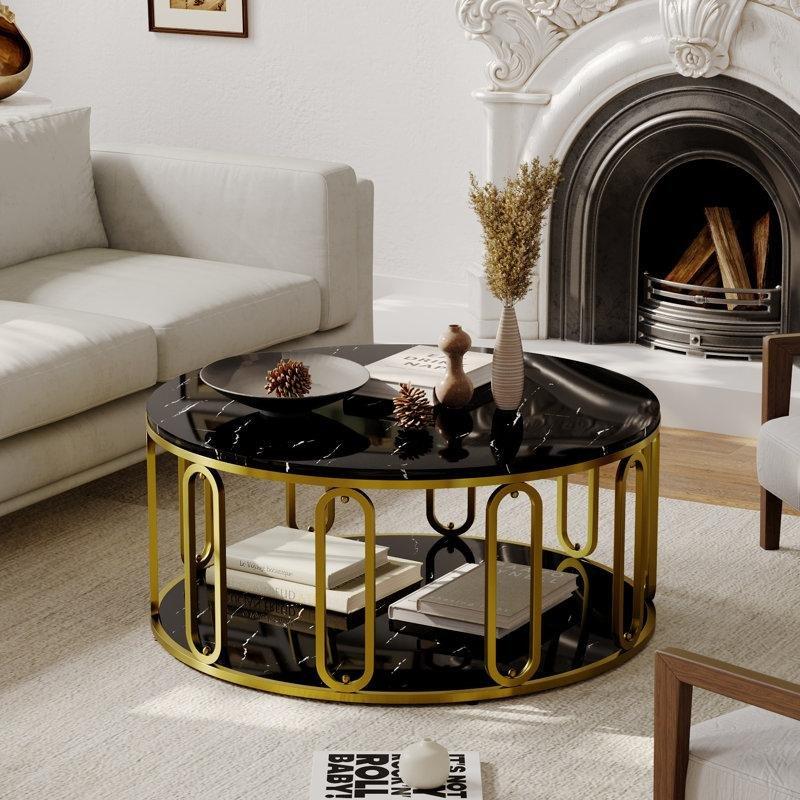 Yuvarlak Porselen Orta Sehpa 90x90 cm Gold Ayaklı - 105853