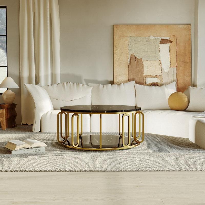 Yuvarlak Porselen Orta Sehpa 90x90 cm Gold Ayaklı - 105853