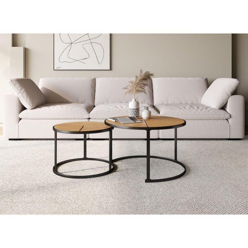 Yuvarlak Rattan Desenli Zigon Sehpa Siyah Metal Ayaklı 70 cm - 107610