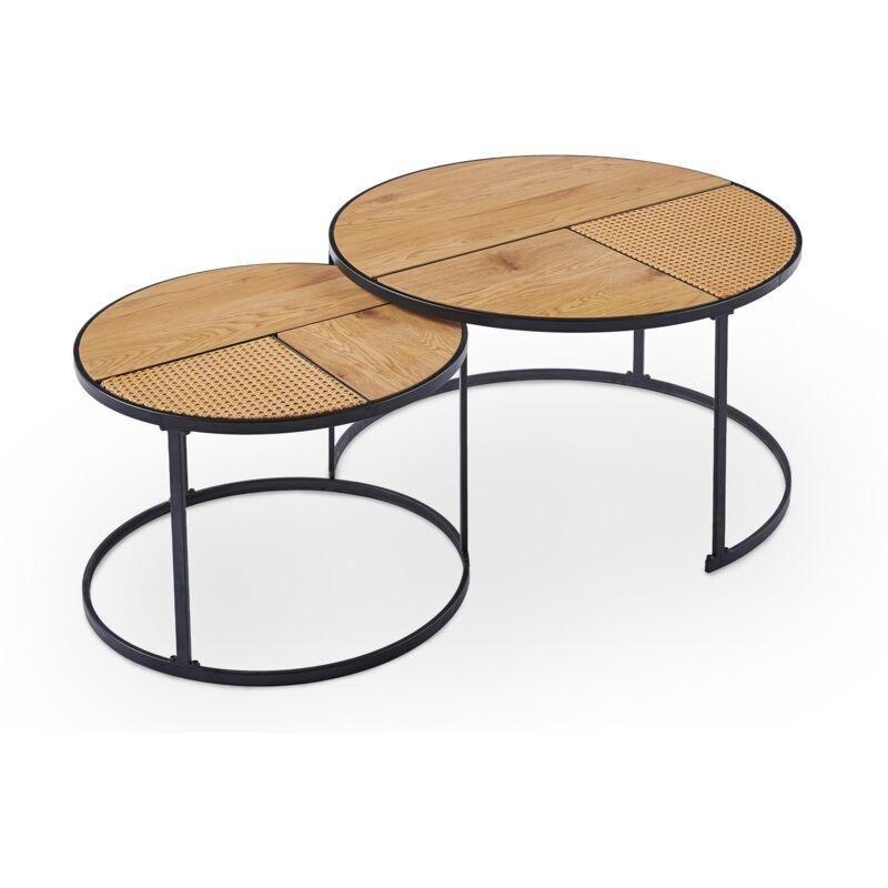 Yuvarlak Rattan Desenli Zigon Sehpa Siyah Metal Ayaklı 70 cm - 107610