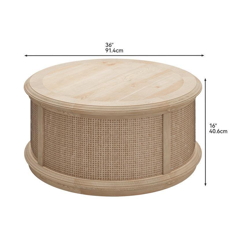 Yuvarlak Rattan Kaldırılabilir Kapaklı Masif Ahşap Orta Sehpa 91x91x41 cm - 105430