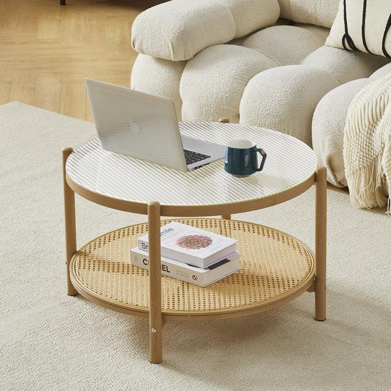 Yuvarlak Rattan Orta Sehpa 70 cm Dalgalı Cam Üstlü Gold Metal Ayaklı - 105409
